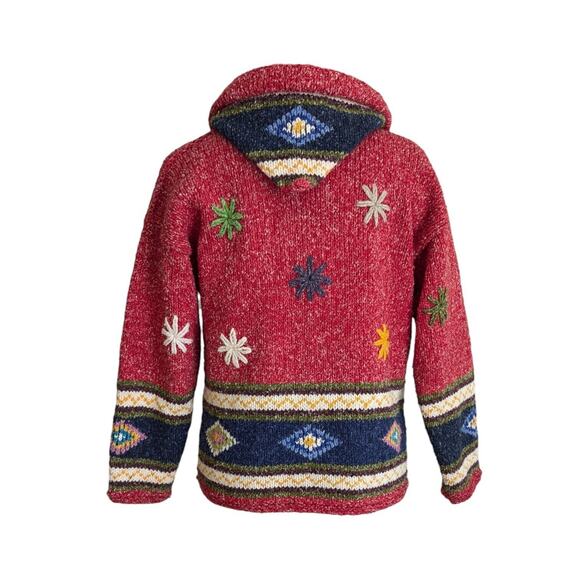 Handmade Cardigan Hoodie Sweater Wool Boho Hippie Multicolor Zip Chunky Red Blue - Picture 3 of 11
